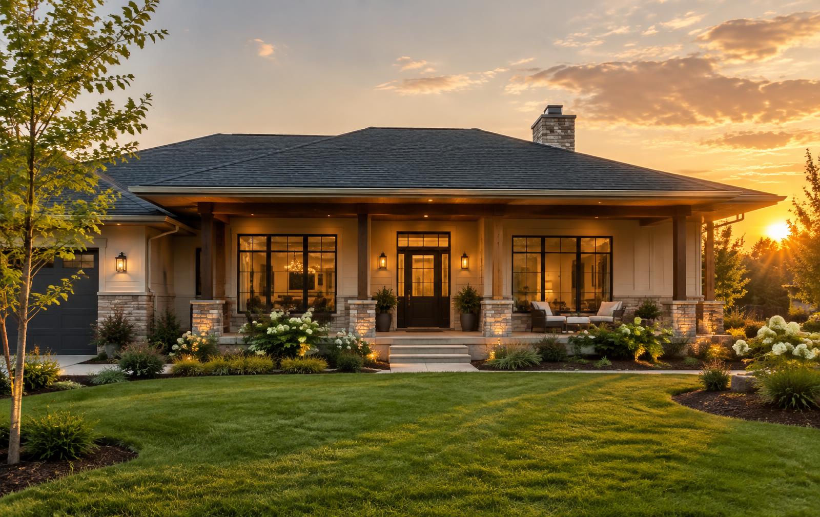 Magnolia House — a modern, one-level home with a wide covered porch at golden hour