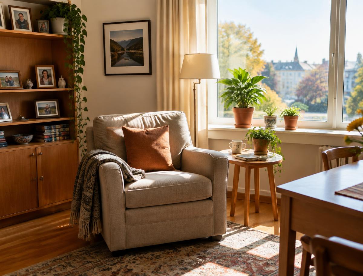 A cozy private apartment with an armchair beside a sunny window